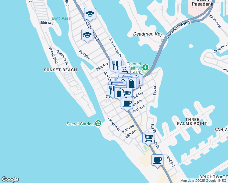 map of restaurants, bars, coffee shops, grocery stores, and more near 7500 Gulf Boulevard in St. Pete Beach