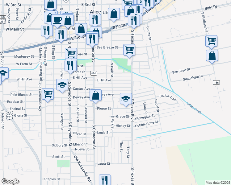 map of restaurants, bars, coffee shops, grocery stores, and more near 909 Dewey Avenue in Alice