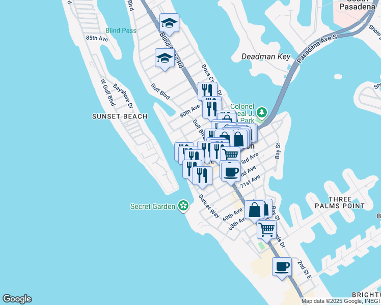 map of restaurants, bars, coffee shops, grocery stores, and more near 517 76th Avenue in St. Pete Beach