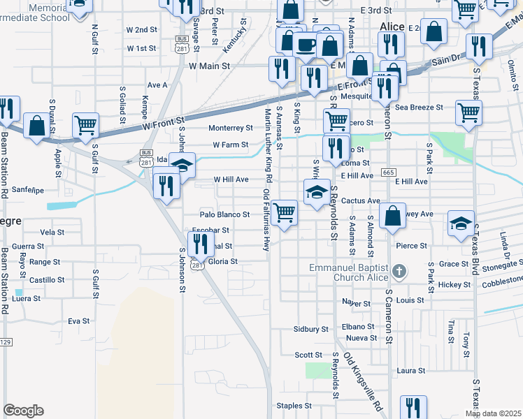 map of restaurants, bars, coffee shops, grocery stores, and more near 100 Palo Blanco Street in Alice