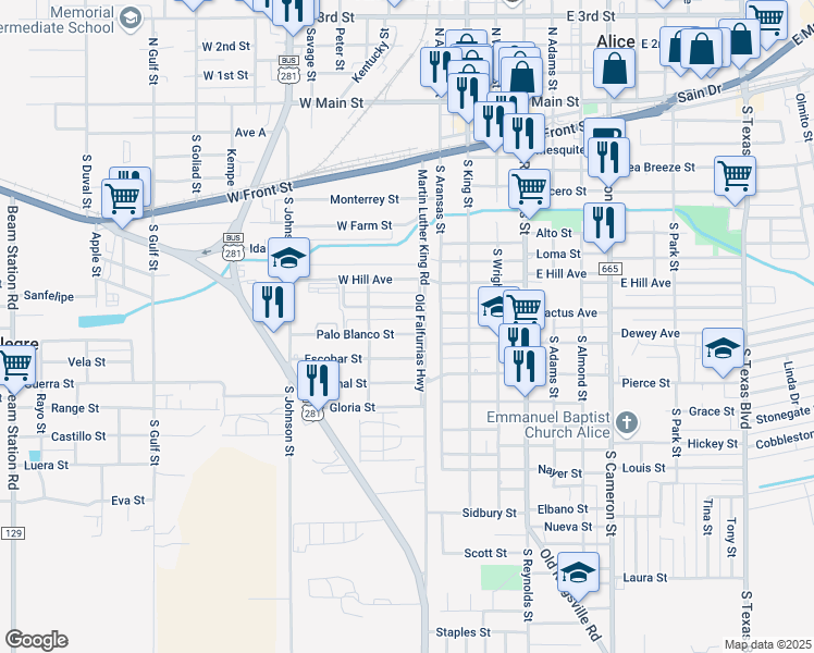 map of restaurants, bars, coffee shops, grocery stores, and more near 100 Palo Blanco Street in Alice