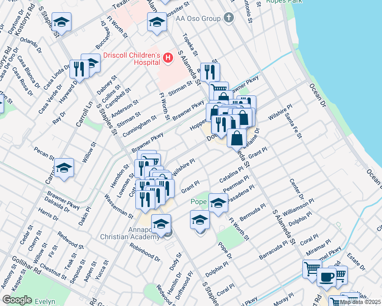 map of restaurants, bars, coffee shops, grocery stores, and more near 905 Doddridge Street in Corpus Christi