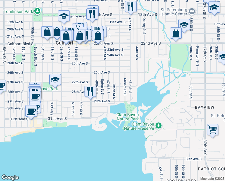 map of restaurants, bars, coffee shops, grocery stores, and more near 2801 Tifton Street South in Gulfport