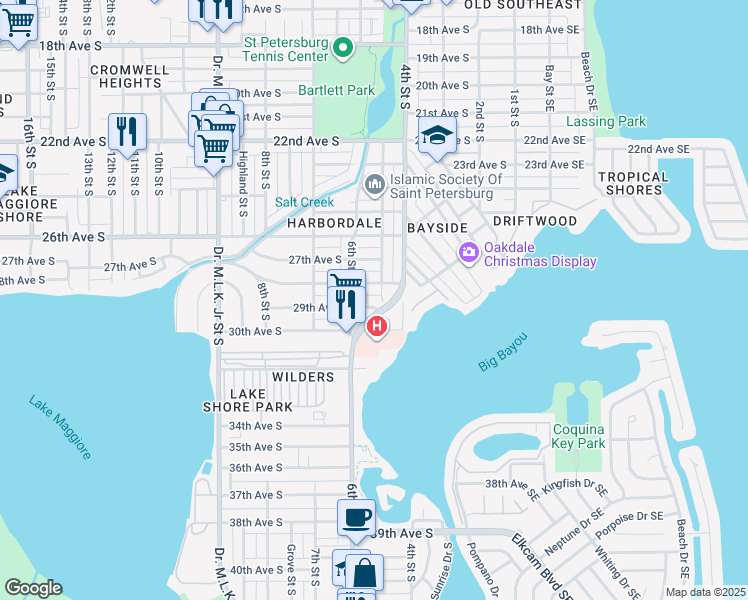 map of restaurants, bars, coffee shops, grocery stores, and more near 2820 5th Street South in St. Petersburg
