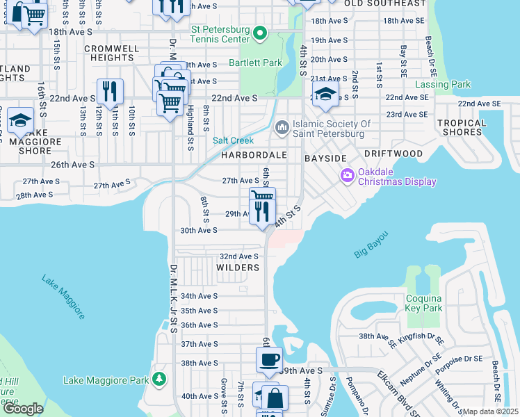 map of restaurants, bars, coffee shops, grocery stores, and more near 2825 6th Street South in St. Petersburg