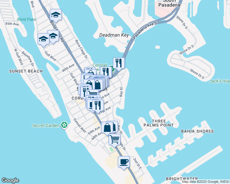 map of restaurants, bars, coffee shops, grocery stores, and more near 220 73rd Avenue in St. Pete Beach