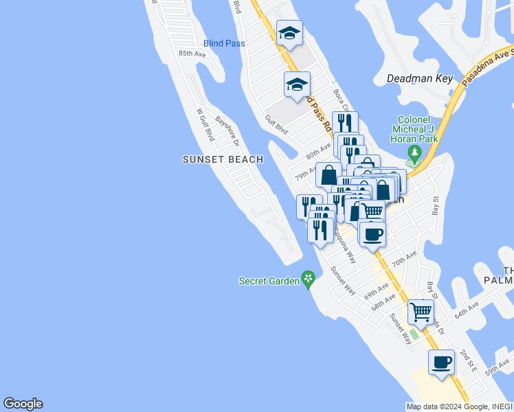 map of restaurants, bars, coffee shops, grocery stores, and more near 7701 77th Avenue in Treasure Island