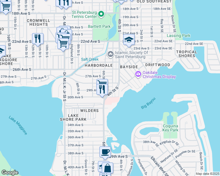 map of restaurants, bars, coffee shops, grocery stores, and more near 2820 5th Street South in St. Petersburg
