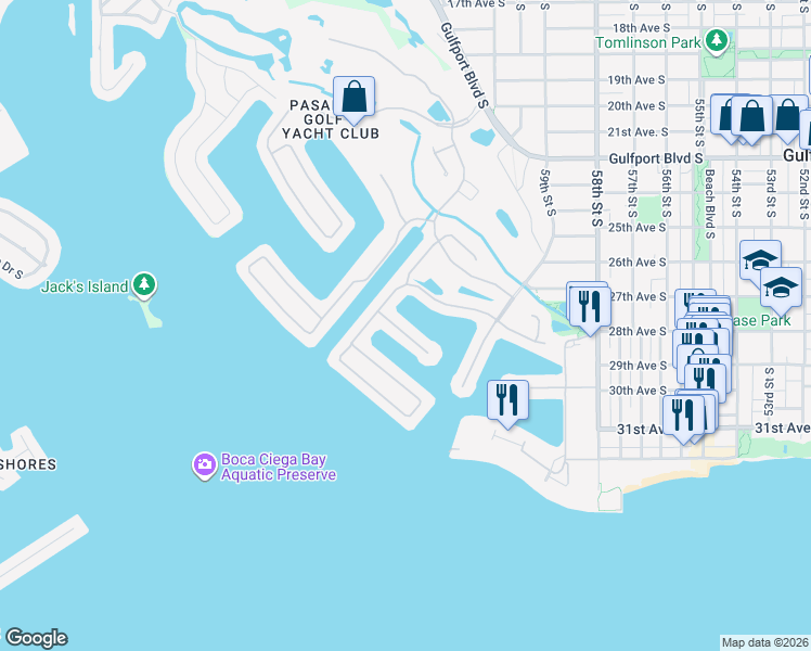 map of restaurants, bars, coffee shops, grocery stores, and more near 5941 Seabird Drive South in Gulfport