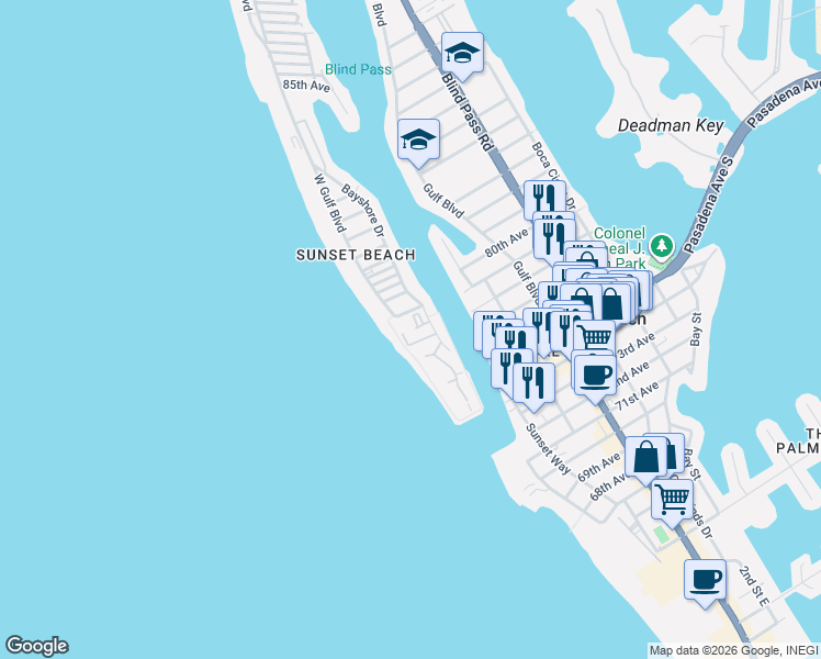 map of restaurants, bars, coffee shops, grocery stores, and more near 7600 Bayshore Drive in Treasure Island