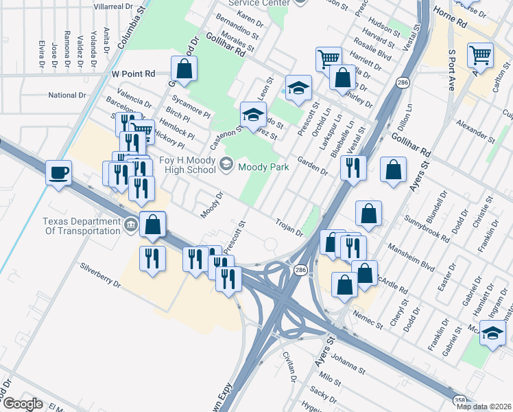 map of restaurants, bars, coffee shops, grocery stores, and more near 4841 Prescott Street in Corpus Christi
