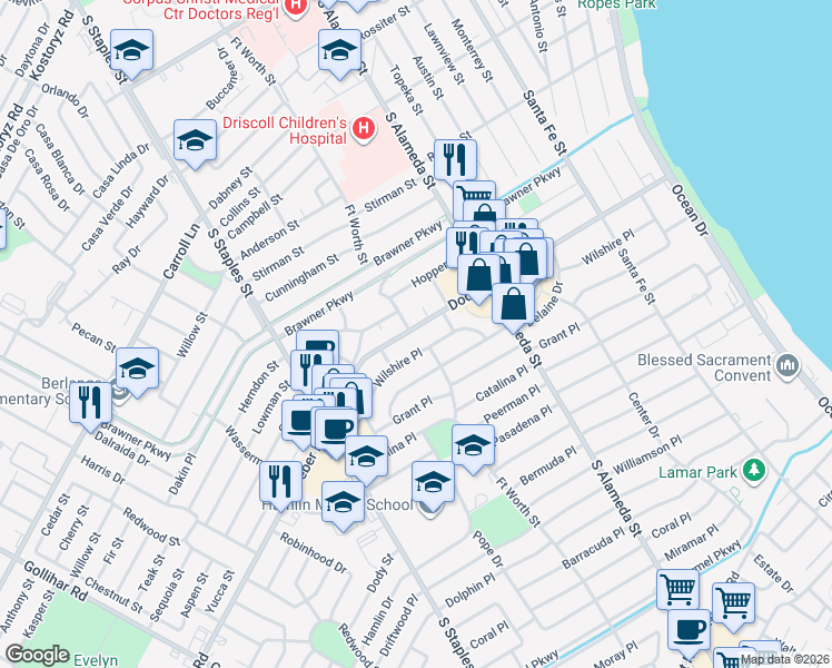 map of restaurants, bars, coffee shops, grocery stores, and more near 901 Doddridge Street in Corpus Christi