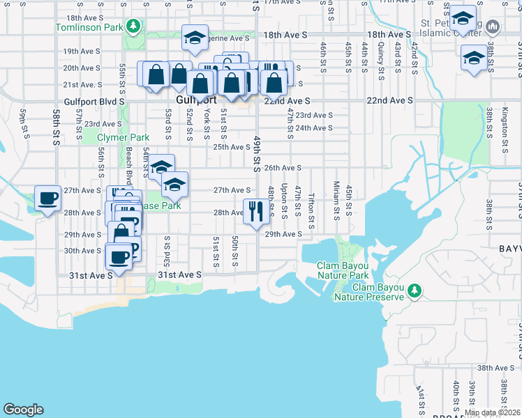 map of restaurants, bars, coffee shops, grocery stores, and more near 2716 49th Street South in Gulfport
