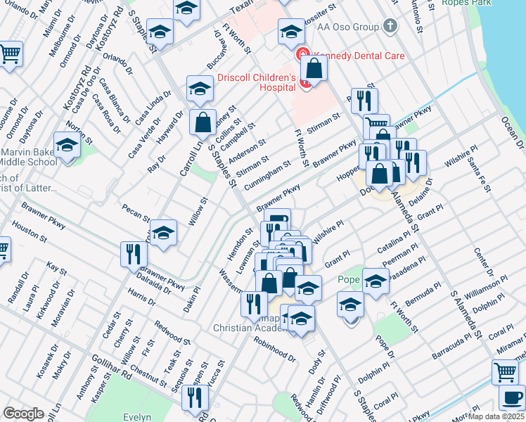 map of restaurants, bars, coffee shops, grocery stores, and more near 1033 Brawner Parkway in Corpus Christi