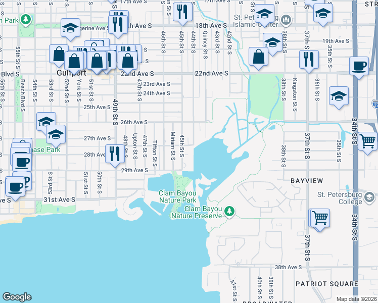 map of restaurants, bars, coffee shops, grocery stores, and more near 2790 45th Street South in Gulfport