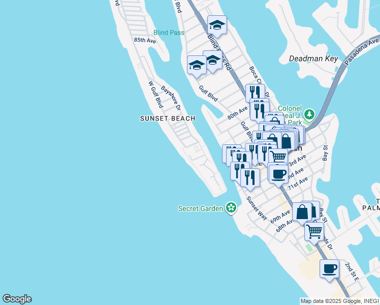map of restaurants, bars, coffee shops, grocery stores, and more near 7701 77th Avenue in Treasure Island
