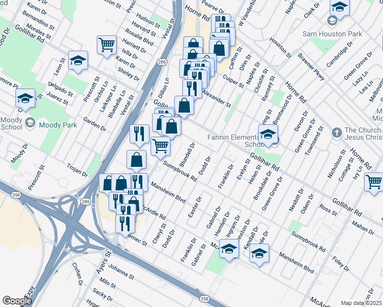 map of restaurants, bars, coffee shops, grocery stores, and more near 4614 Blundell Drive in Corpus Christi