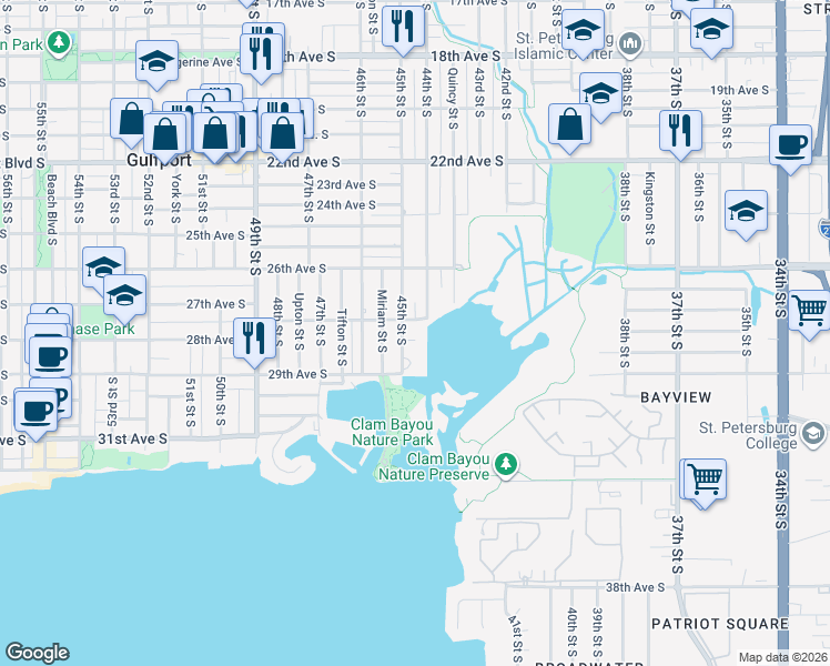 map of restaurants, bars, coffee shops, grocery stores, and more near 2790 45th Street South in Gulfport