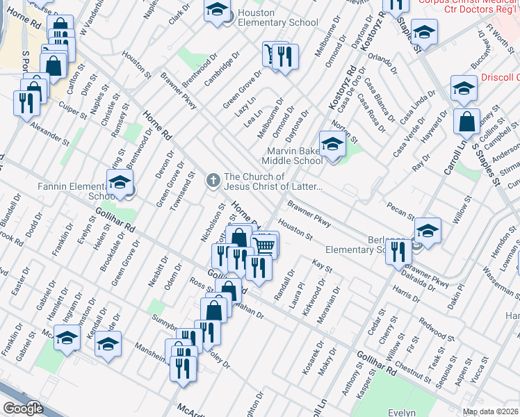 map of restaurants, bars, coffee shops, grocery stores, and more near 3129 Houston Street in Corpus Christi