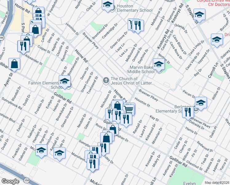 map of restaurants, bars, coffee shops, grocery stores, and more near 4201 Cottage Street in Corpus Christi