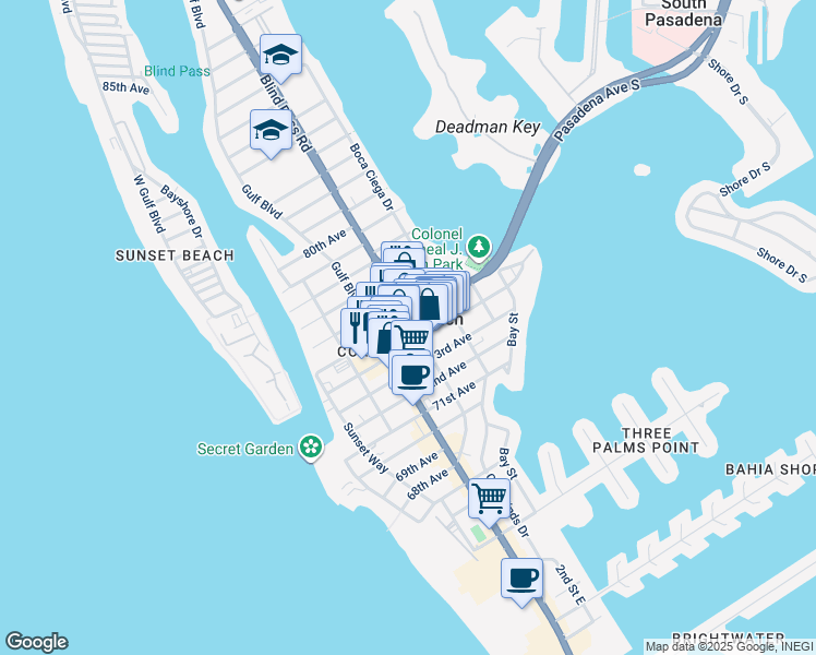 map of restaurants, bars, coffee shops, grocery stores, and more near in St. Pete Beach