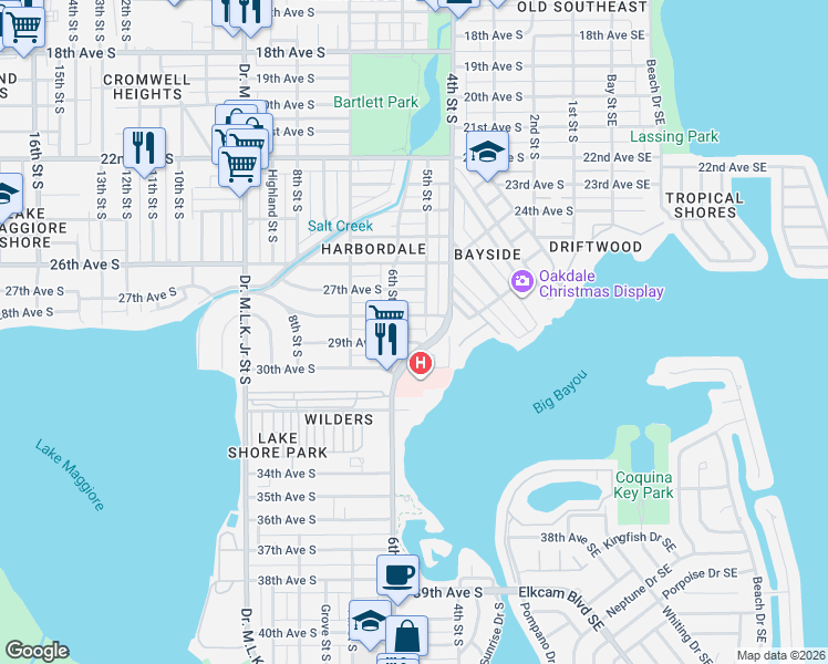 map of restaurants, bars, coffee shops, grocery stores, and more near 2820 5th Street South in St. Petersburg