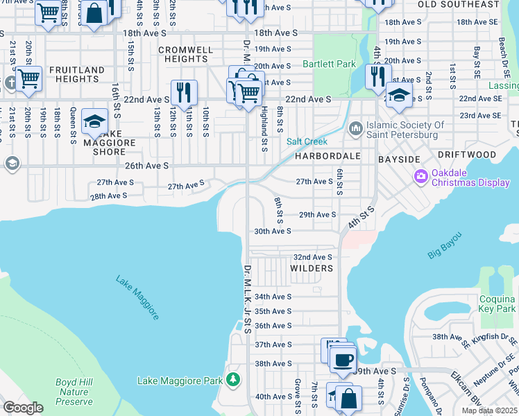 map of restaurants, bars, coffee shops, grocery stores, and more near 2868 Valencia Way South in St. Petersburg