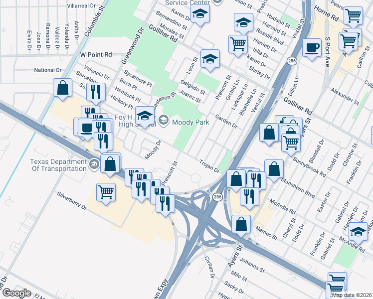 map of restaurants, bars, coffee shops, grocery stores, and more near 4841 Prescott Street in Corpus Christi