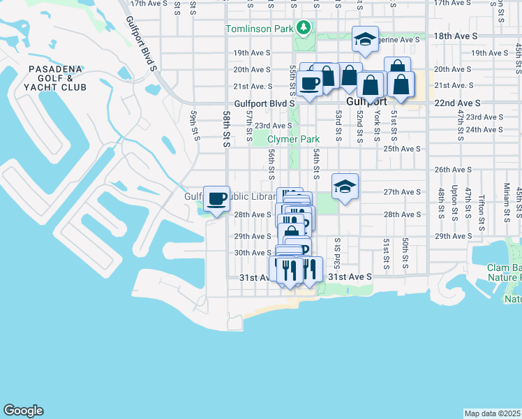 map of restaurants, bars, coffee shops, grocery stores, and more near 5619 28th Avenue South in Gulfport