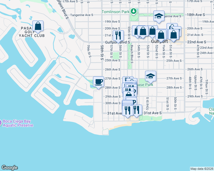 map of restaurants, bars, coffee shops, grocery stores, and more near 5719 28th Avenue South in Gulfport