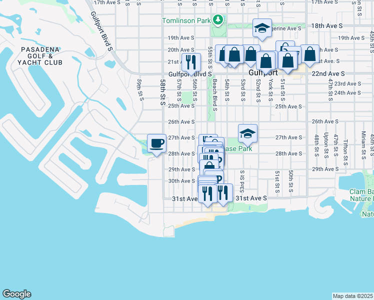 map of restaurants, bars, coffee shops, grocery stores, and more near 5619 28th Avenue South in Gulfport