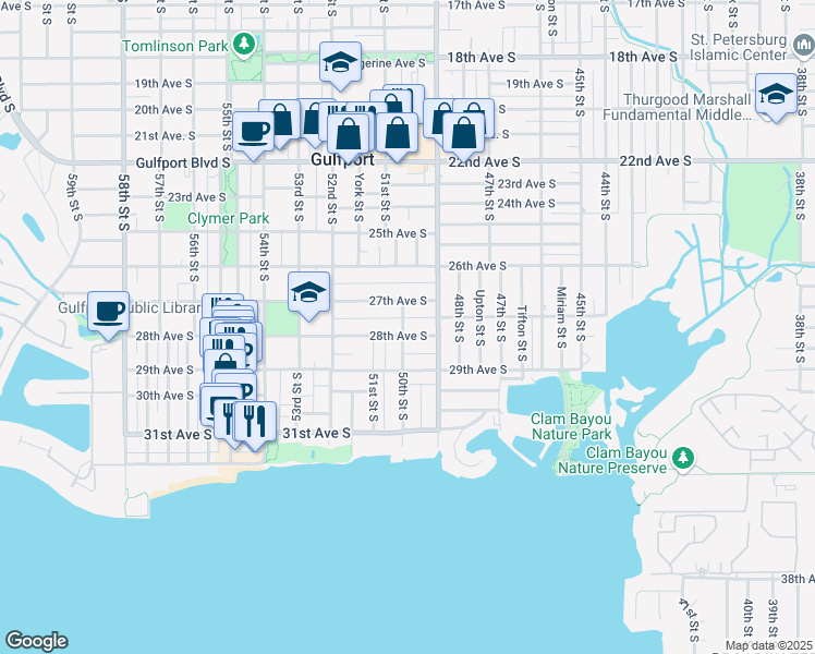 map of restaurants, bars, coffee shops, grocery stores, and more near 2728 50th Street South in Gulfport