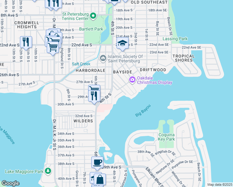map of restaurants, bars, coffee shops, grocery stores, and more near 327 Ling A Mor Terrace South in St. Petersburg