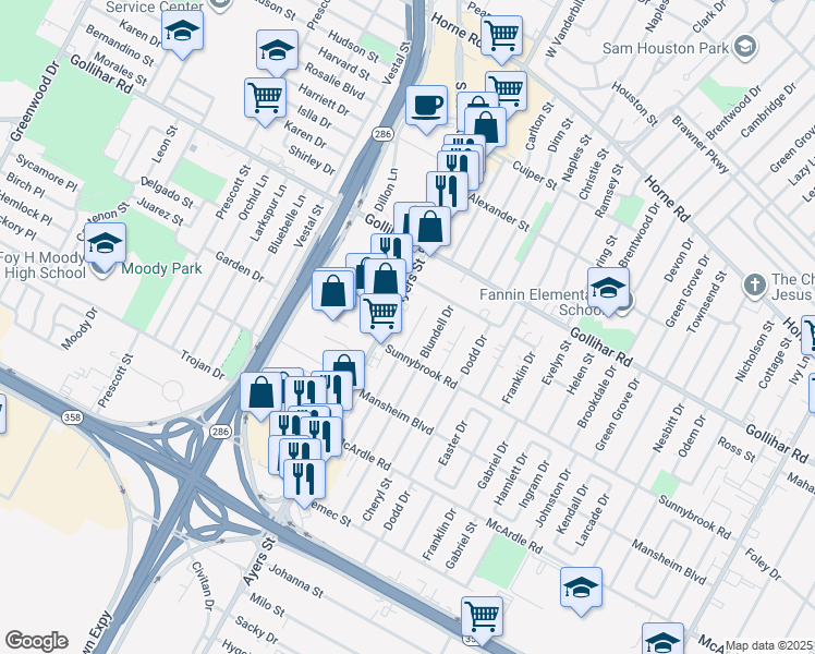 map of restaurants, bars, coffee shops, grocery stores, and more near 4629 Archer Drive in Corpus Christi