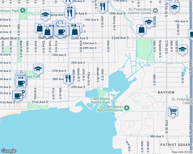 map of restaurants, bars, coffee shops, grocery stores, and more near 2705 Miriam Street South in Gulfport