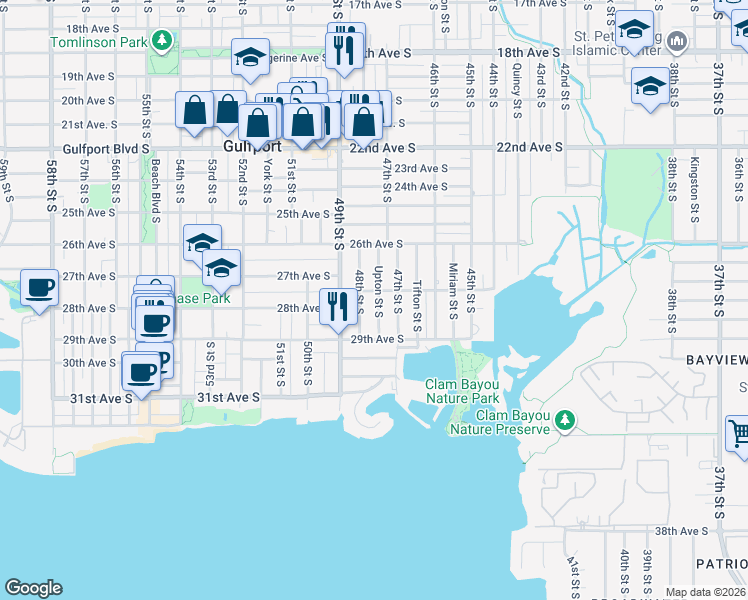 map of restaurants, bars, coffee shops, grocery stores, and more near 2706 Upton Street South in Gulfport