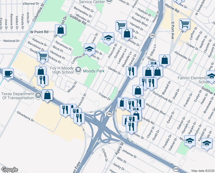 map of restaurants, bars, coffee shops, grocery stores, and more near 4810 Larkspur Lane in Corpus Christi