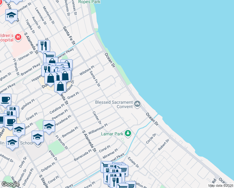 map of restaurants, bars, coffee shops, grocery stores, and more near 125 Mitchell Street in Corpus Christi