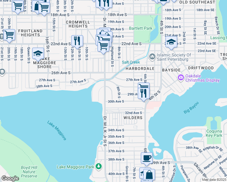 map of restaurants, bars, coffee shops, grocery stores, and more near 2868 Valencia Way South in St. Petersburg