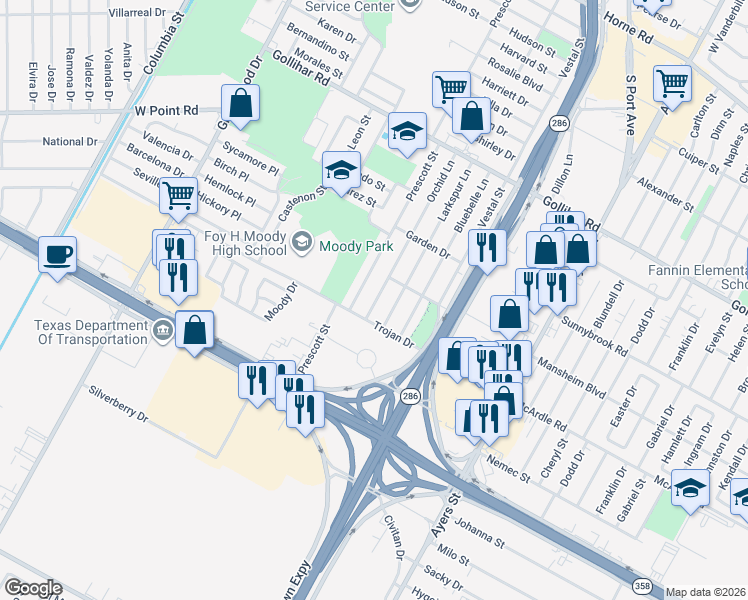 map of restaurants, bars, coffee shops, grocery stores, and more near 4825 Orchid Lane in Corpus Christi