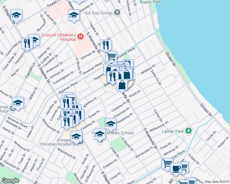 map of restaurants, bars, coffee shops, grocery stores, and more near 514 Delaine Drive in Corpus Christi
