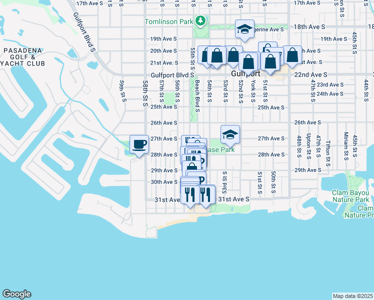 map of restaurants, bars, coffee shops, grocery stores, and more near 2725 Beach Boulevard South in Gulfport