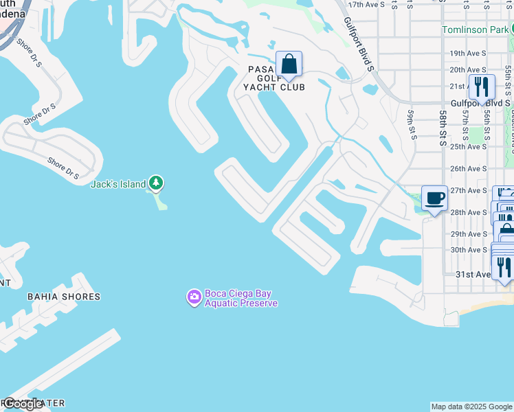 map of restaurants, bars, coffee shops, grocery stores, and more near 6101 Kipps Colony Drive East in Gulfport