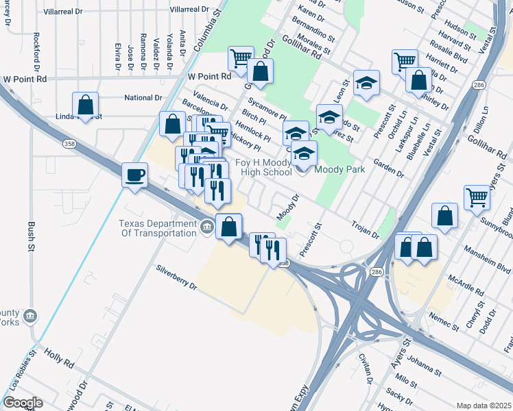 map of restaurants, bars, coffee shops, grocery stores, and more near 1720 Fountain Street in Corpus Christi