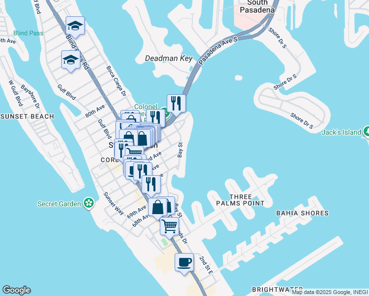 map of restaurants, bars, coffee shops, grocery stores, and more near 7201 Bay Street in St. Pete Beach