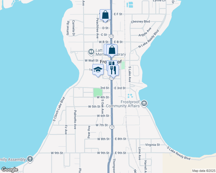 map of restaurants, bars, coffee shops, grocery stores, and more near 3 East 3rd Street in Frostproof