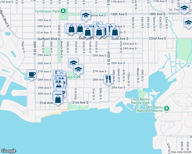 map of restaurants, bars, coffee shops, grocery stores, and more near 5103 28th Avenue South in Gulfport
