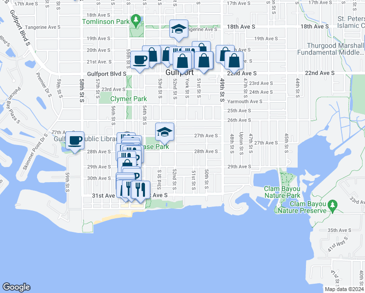 map of restaurants, bars, coffee shops, grocery stores, and more near 5103 28th Avenue South in Gulfport
