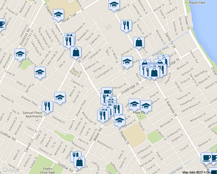map of restaurants, bars, coffee shops, grocery stores, and more near 3722 Pope Drive in Corpus Christi