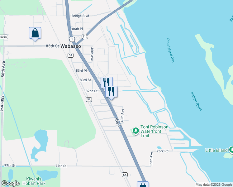 map of restaurants, bars, coffee shops, grocery stores, and more near 4345 82nd St in Vero Beach